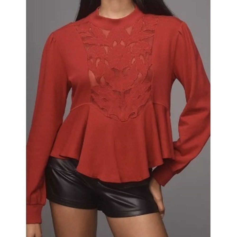 Anthropologie Cutwork Swing Top Womens M Pink Embroidered Peplum Mock Neck